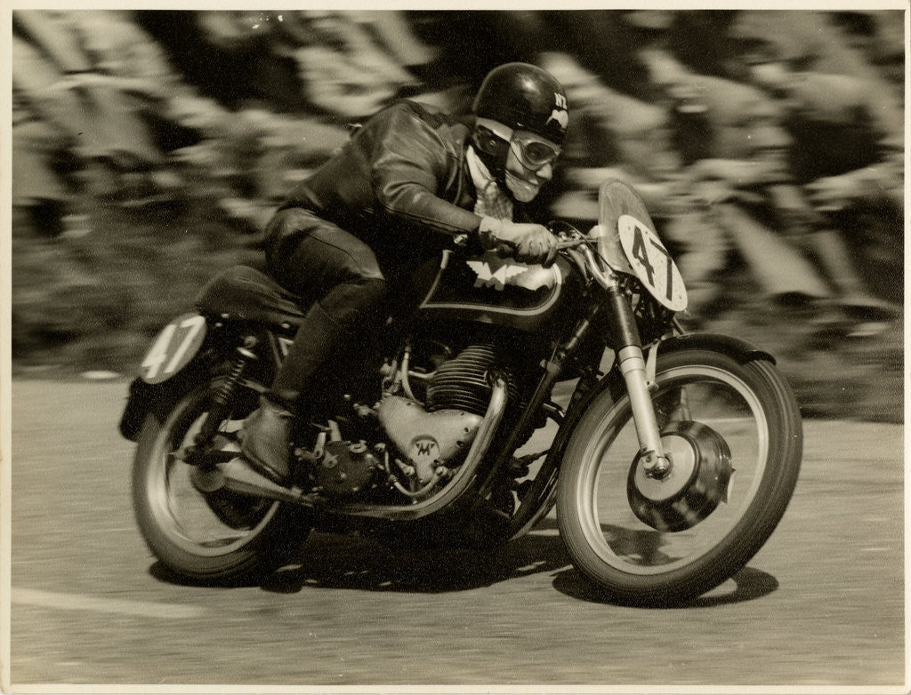 Detail of TT (Tourist Trophy) rider Cook from New Zealand aboard Moto Guzzi (number 47) by T.M. Badger