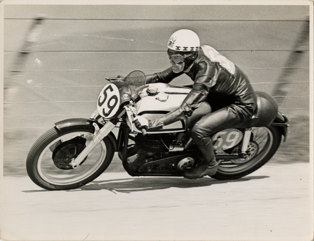 Detail of Ray Amm, TT (Tourist Trophy) rider, riding a Norton (number 59) by T.M. Badger
