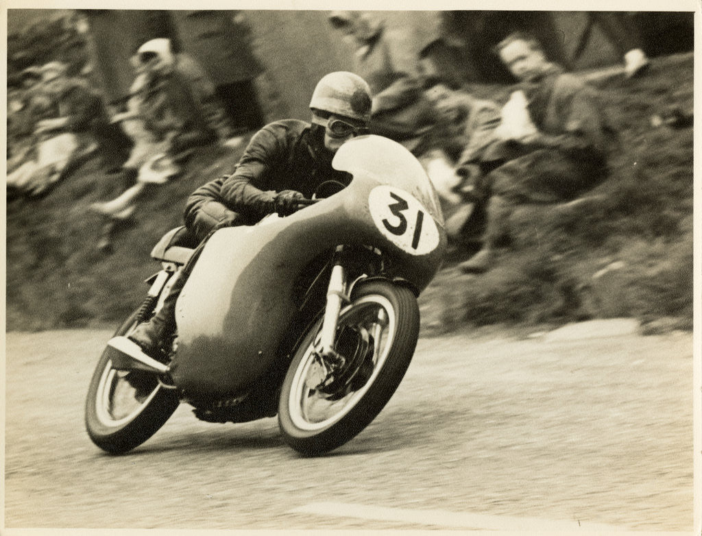 Detail of Dave Chadwick, TT (Tourist Trophy) rider riding as number 31 by T.M. Badger