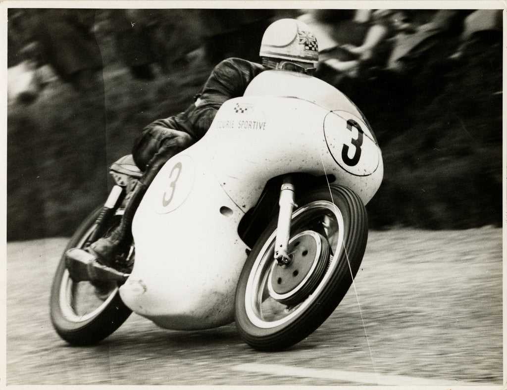 Detail of Mike Hailwood, TT (Tourist Trophy) rider, riding as a privateer in Ecurie Sportive colours by T.M. Badger