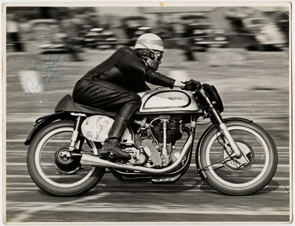 Detail of Robin Sherry, TT (Tourist Trophy) rider riding Norton (number 42) at Boreham track, Essex by T.M. Badger