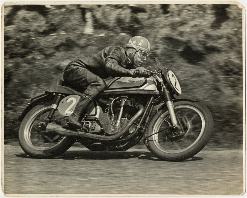 Detail of Nick Nicholson, TT (Tourist Trophy) riding Norton (number 2), 1953 (?) Senior TT by T.M. Badger
