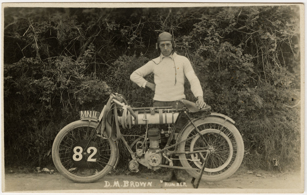 Detail of Dougie M. Brown posing with Humber machine number 82 (registration MN 11), 1914 (?) TT (Tourist Trophy) by Anonymous