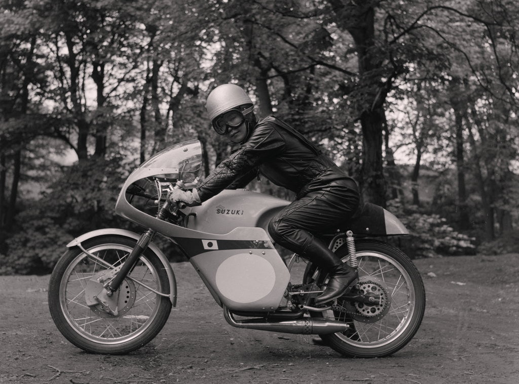 Detail of Japanese rider on motorcycle (possibly from Suzuki) by Manx Press Pictures