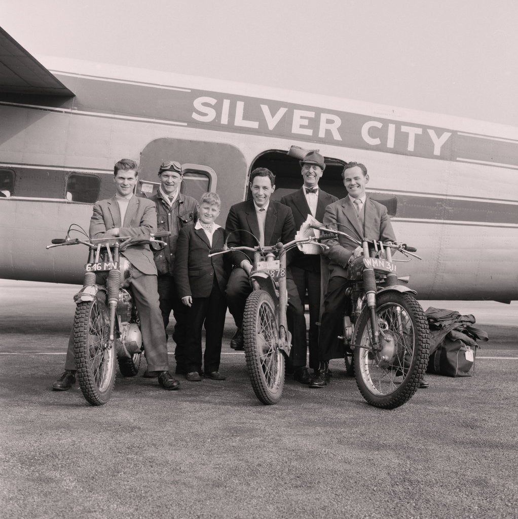 Detail of Scottish six day motorcycle trial team, Ronaldsway airport by Manx Press Pictures