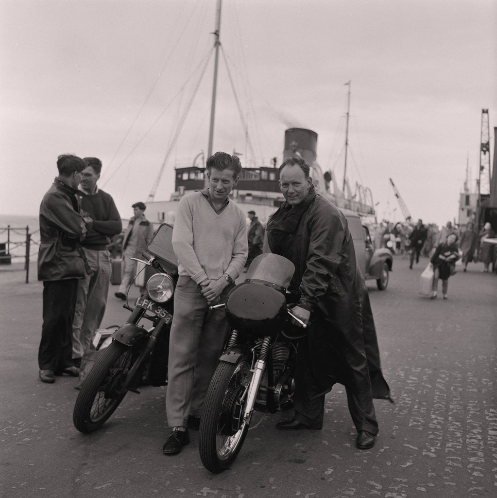 Detail of Manx Grand Prix motorcycles arrive, Douglas Pier by Manx Press Pictures