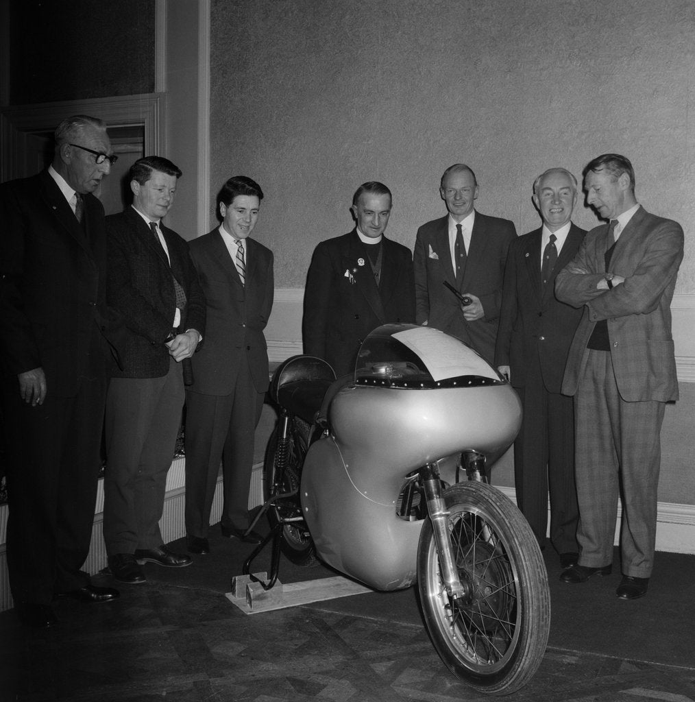 Detail of Manx Motor Cycle Club (MMCC) with new 'streamlining', part of dinner at Castle Mona, Douglas by Manx Press Pictures