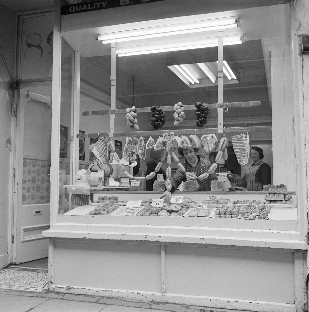 Detail of Sausages in Craine's shop window, Isle of Man by Manx Press Pictures