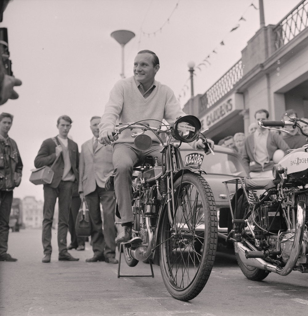 Detail of Mike Hailwood on vintage motorcycle, Villa Marina by Manx Press Pictures