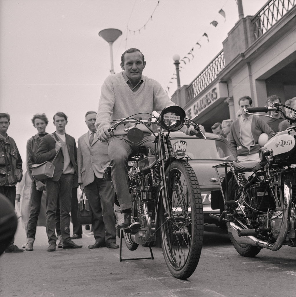 Detail of Mike Hailwood on vintage motorcycle, Villa Marina by Manx Press Pictures