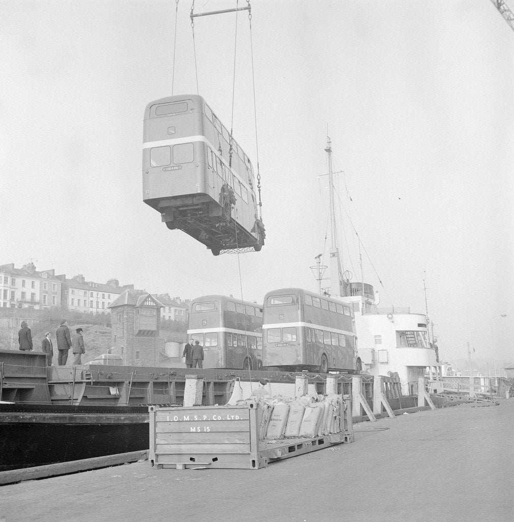 Detail of New buses arrive off boat, Douglas Harbour by Manx Press Pictures