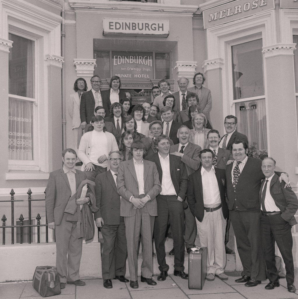 Detail of Dart players outside Edinburgh hotel by Manx Press Pictures