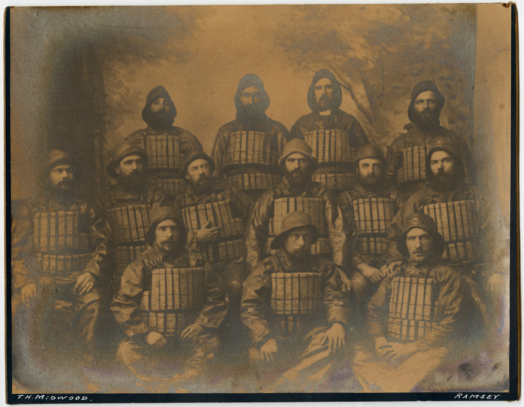 Detail of Sepia studio group portrait of named crew of the Two Sisters lifeboat, 1887 by Thomas Horsfell Midwood
