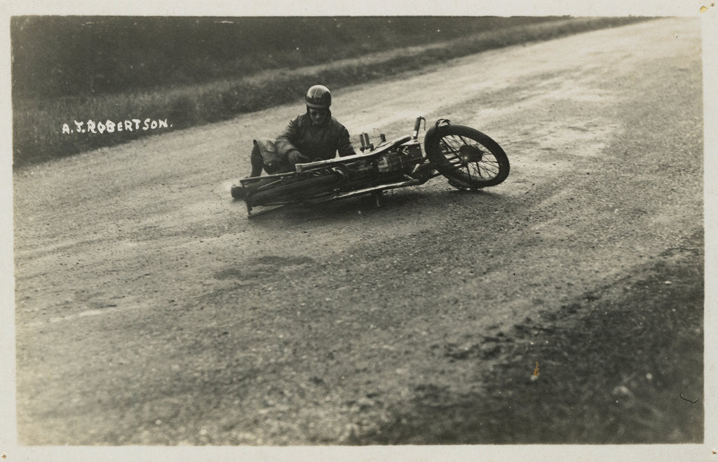 Detail of Rider A.J. Robertson on the ground, with his machine laid down on the road beside him, 1925 or 1926 (?) TT (Tourist Trophy) by Thomas Horsfell Midwood