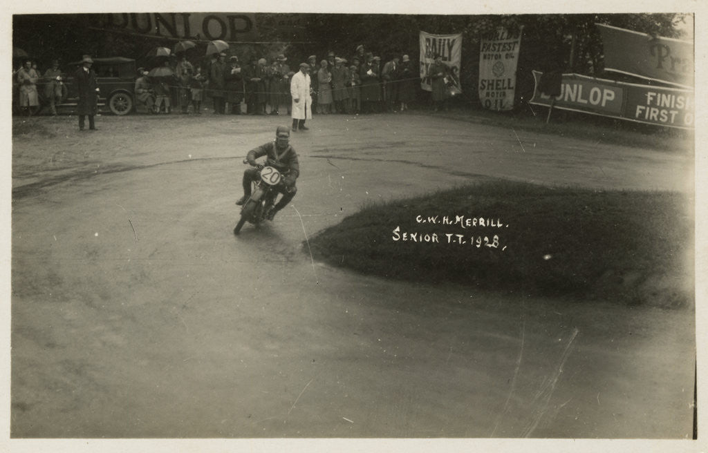 Detail of G.W.H. Merrill aboard machine number 20, 1928 Senior TT (Tourist Trophy) by Thomas Horsfell Midwood