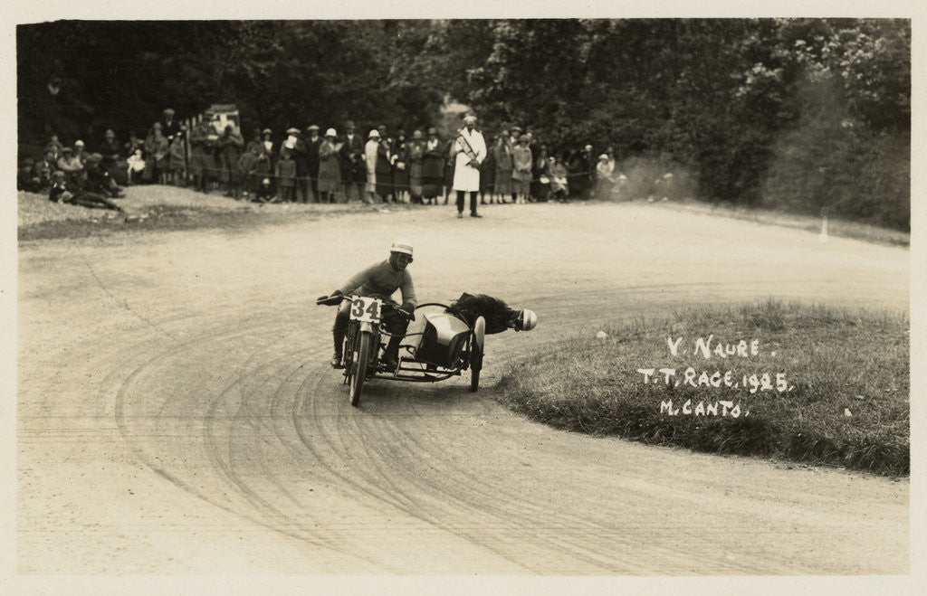 Detail of V. Naure and M. Canto aboard sidecar outfit number 34, 1925 Sidecar TT (Tourist Trophy) by Thomas Horsfell Midwood
