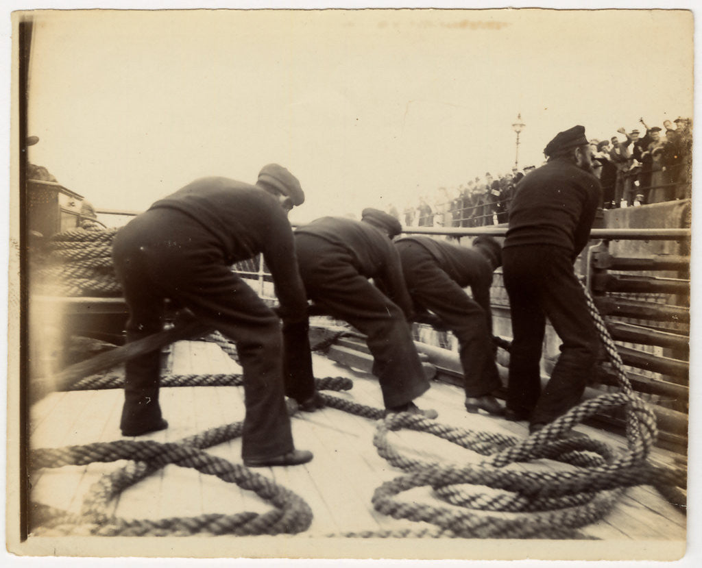 Detail of Sailors putting rope on a steamer by Anonymous