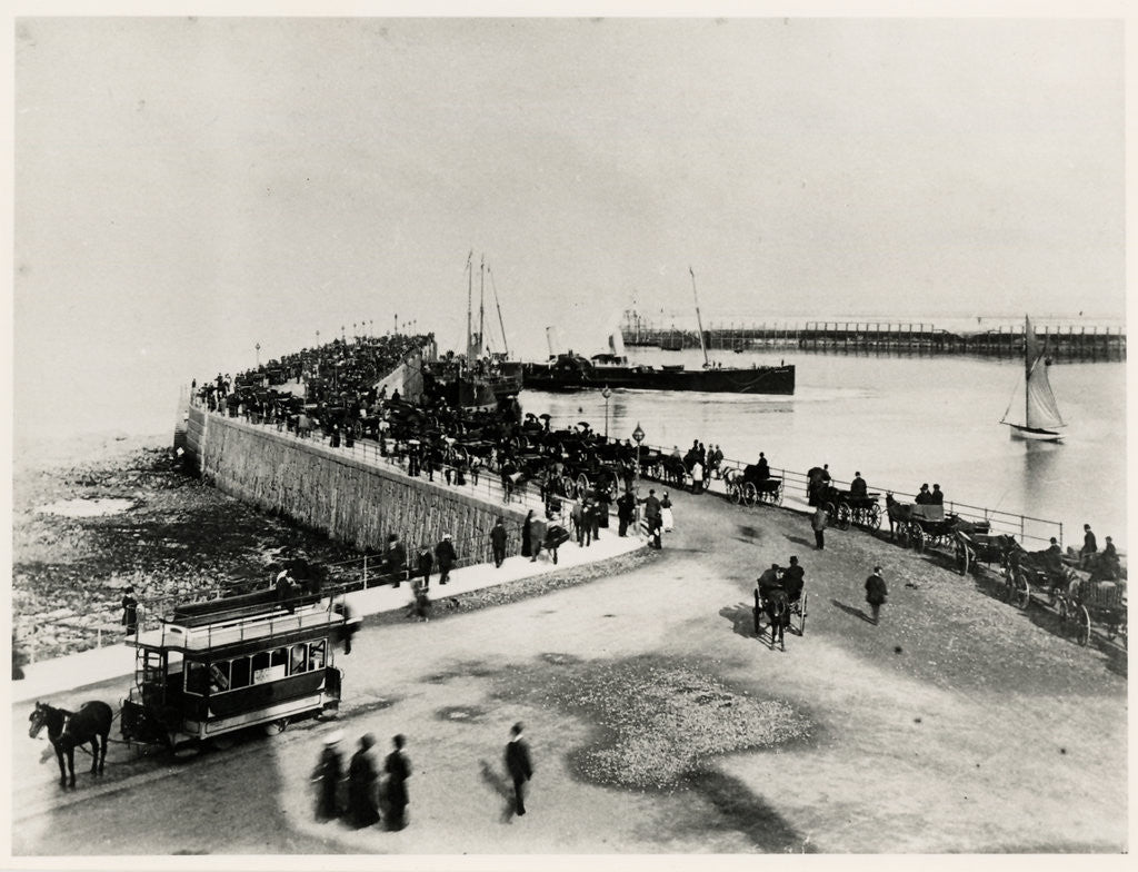 Detail of Covered horse tram and carriages on Douglas promenade by Abel Lewis