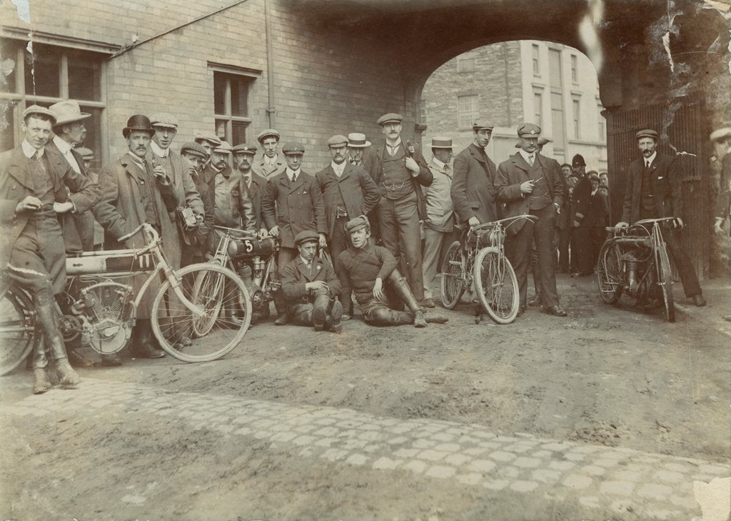 Detail of Early motorcyclists group at Quiggin's Timber Yard, Douglas by Donald Collister