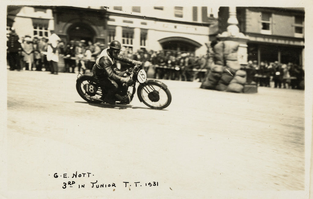 Detail of G.E. Nott riding machine number 18, 1931 Junior TT (Tourist Trophy) by Thomas Horsfell Midwood
