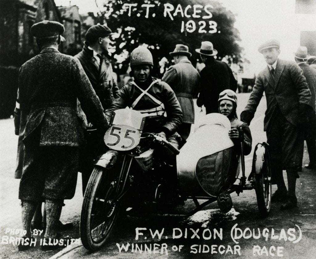 Detail of F.W. Dixon aboard Douglas sidecar outfit number 55, 1923 Sidecar TT (Tourist Trophy) by Unknown