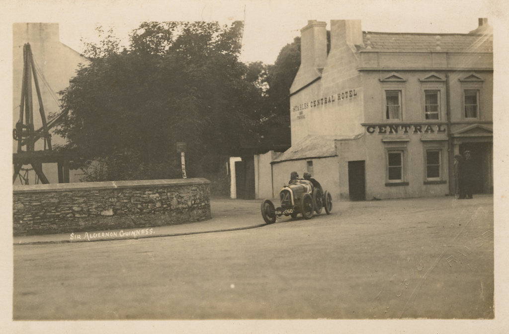Detail of Motorcar no.24 Algernon Lee Guinness in a Talbot-Darracq at Parliament Square, turning off Lezayre Road, Ramsey, 1922 Tourist Trophy motorcar race by Anonymous