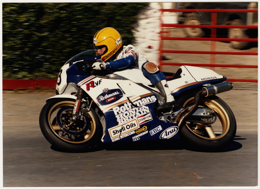Detail of Joey Dunlop aboard Rothman's Number3 rounds Ballacraine in the 1980 Formula One TT (Tourist Trophy) by Anonymous
