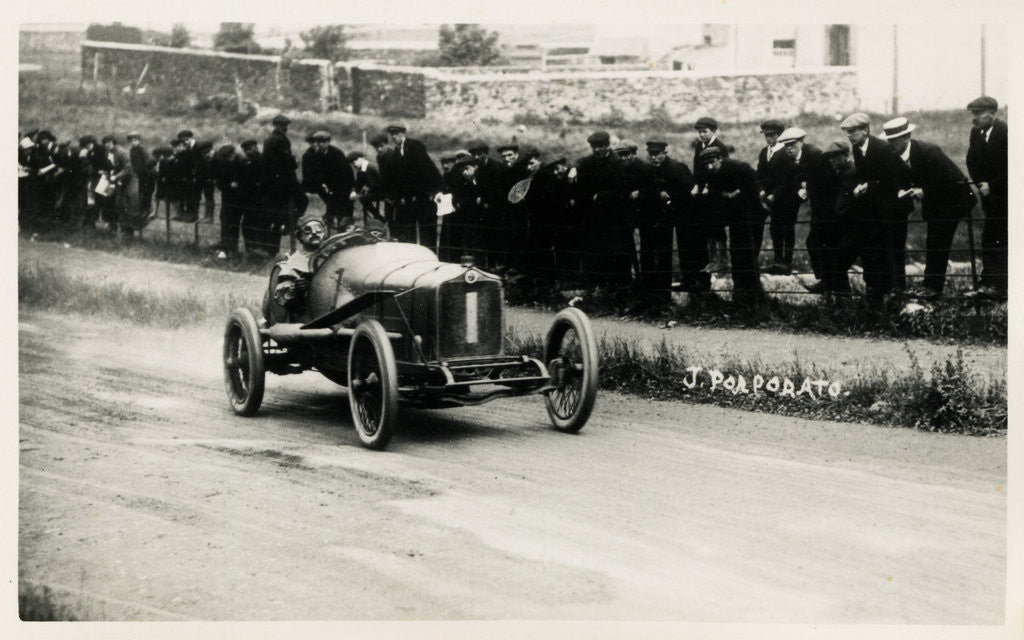 Detail of Motorcar no.1 Jean Porporato in a Minerva, 1914 Tourist Trophy motorcar race by Anonymous