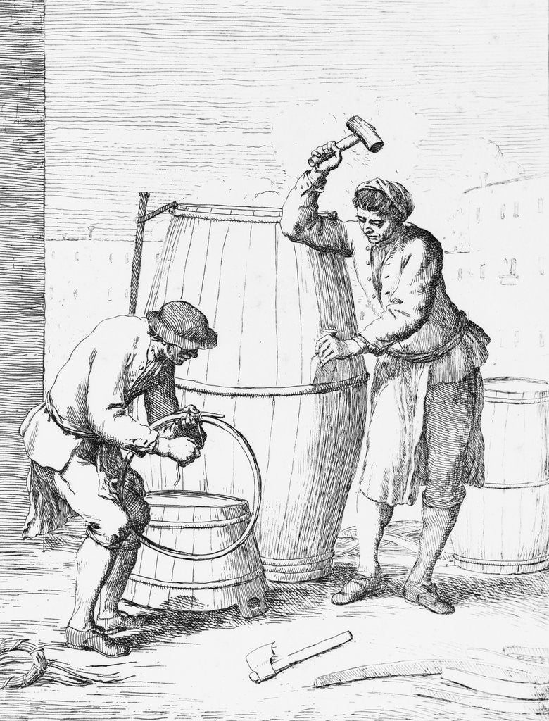 Detail of Barrel Makers Constructing a Barrel by Anonymous