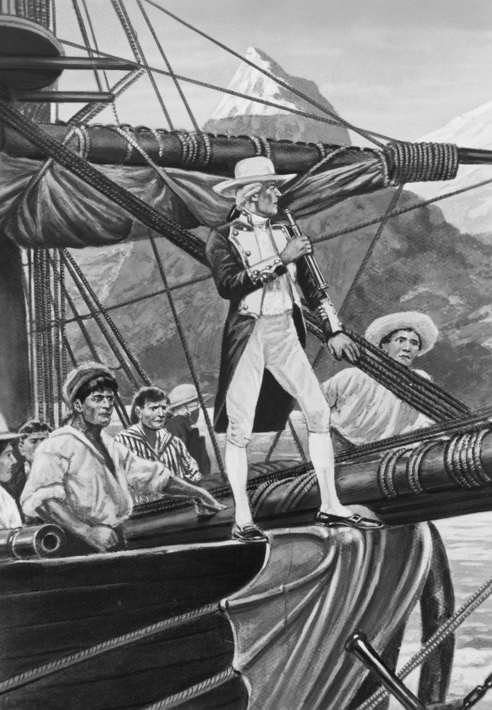 Detail of Print of Captain James Cook on the Prow of His Sailing Ship by Anonymous