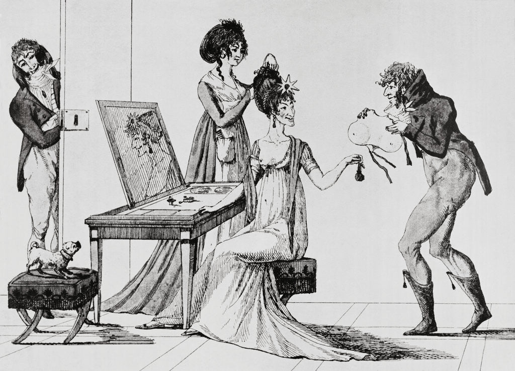 Detail of Man Bringing False Costume Piece To Women by Anonymous