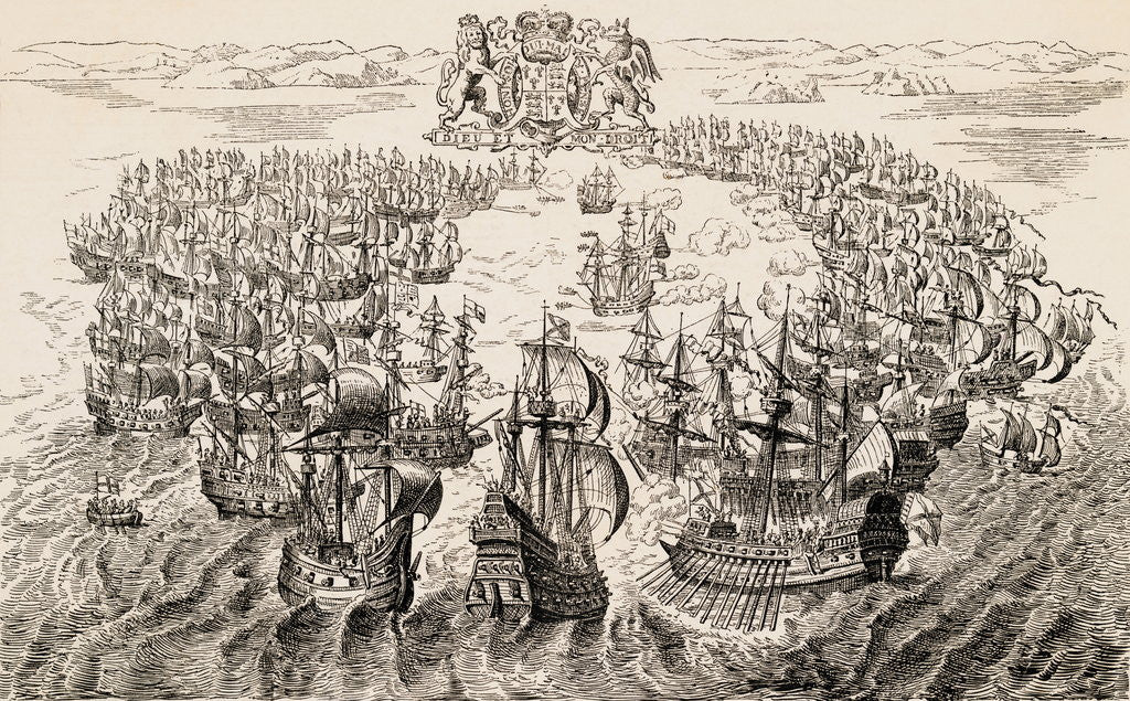 Detail of Print Depicting English and Spanish Fleets Fighting near the Isle of Wight by Anonymous