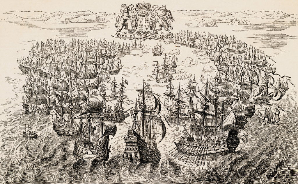 Detail of Print Depicting English and Spanish Fleets Fighting near the Isle of Wight by Corbis