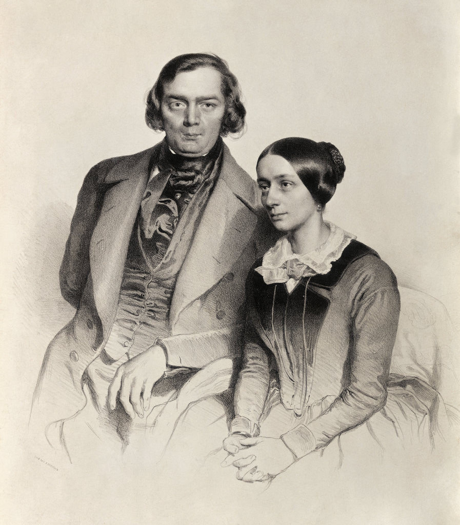 Detail of Lithograph of Robert Schumann Posing with His Wife by Hofelich