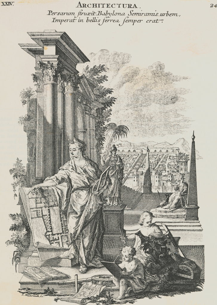 Detail of Print Depicting Semiramis with Blueprints by Anonymous