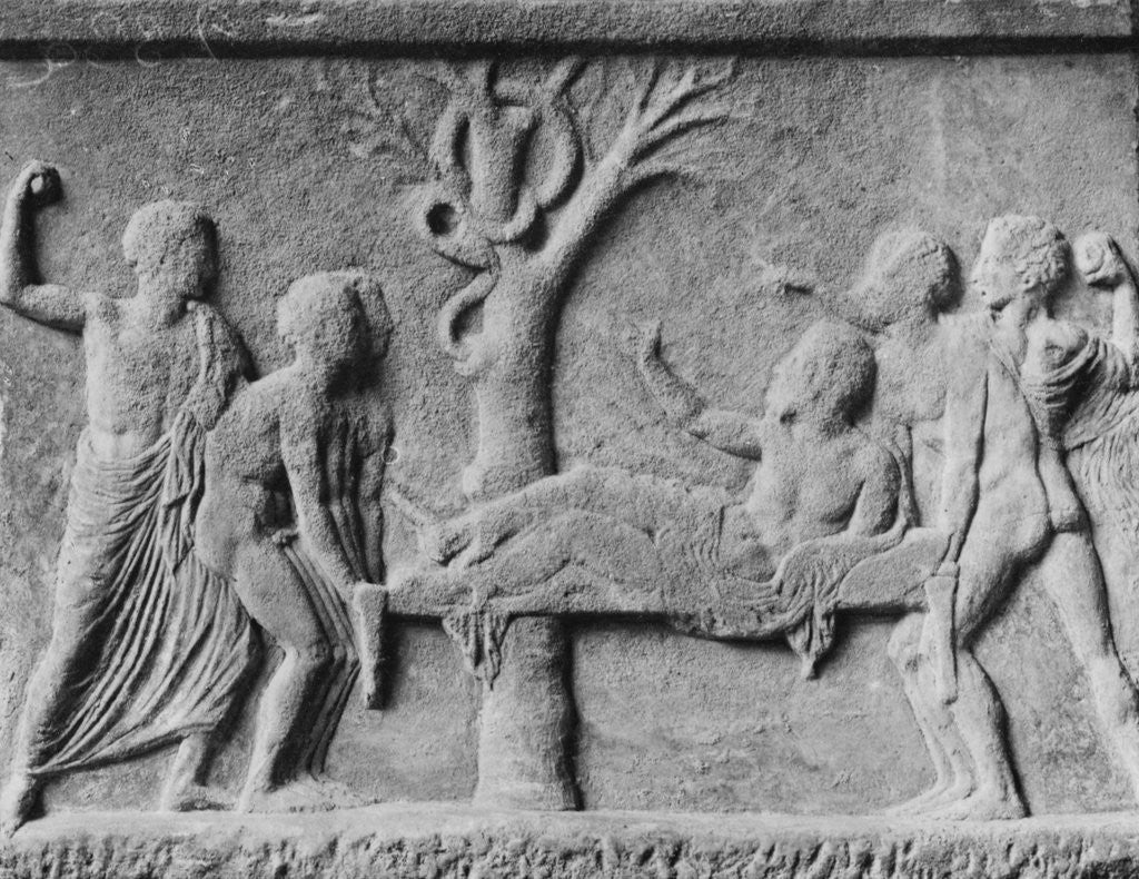Detail of Stone Drawing of Nurses and Sick Patient at Tree by Corbis
