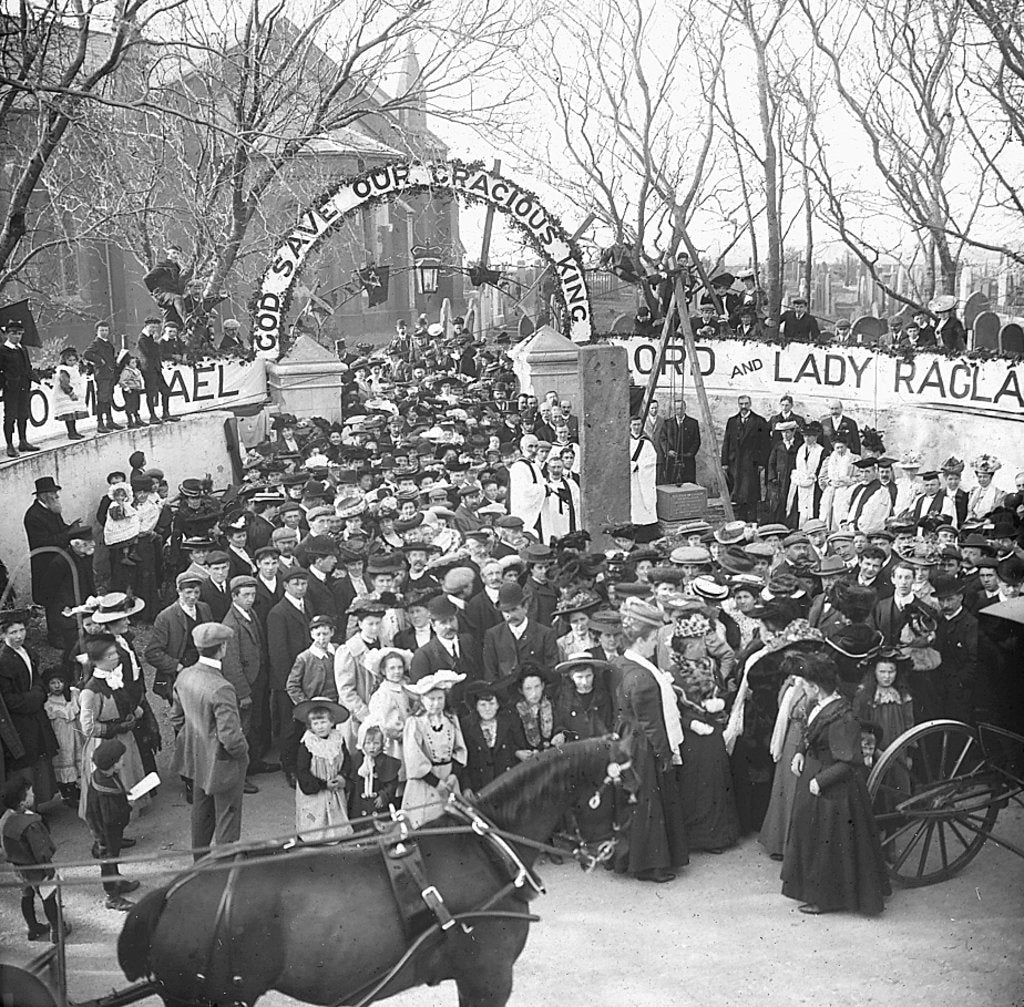Detail of Foundation Stone Laying of the Cross Shelter and Lych Gate, Kirk Michael, Isle of Man by George Bellett Cowen