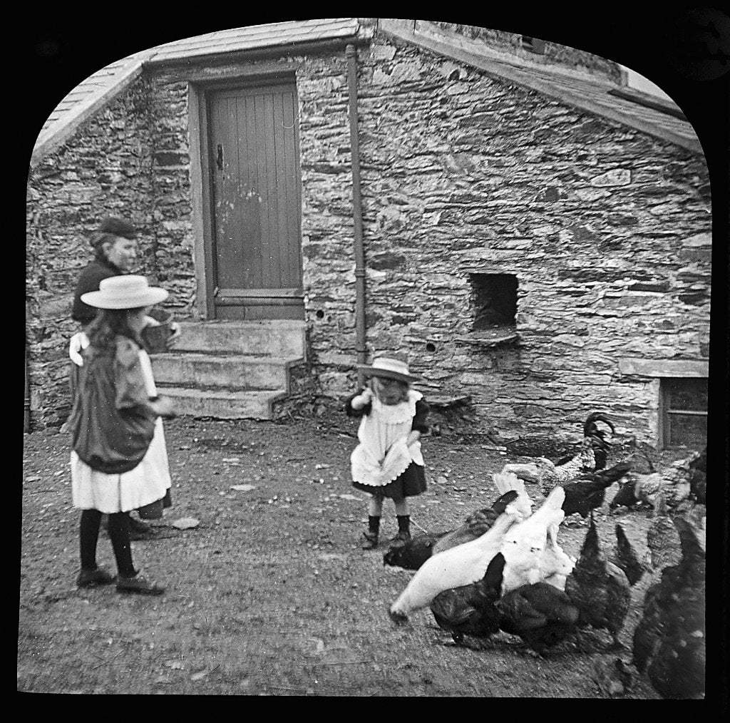 Detail of Victorian Children and Woman Feeding Hens on a Farm, Isle of Man by George Bellett Cowen