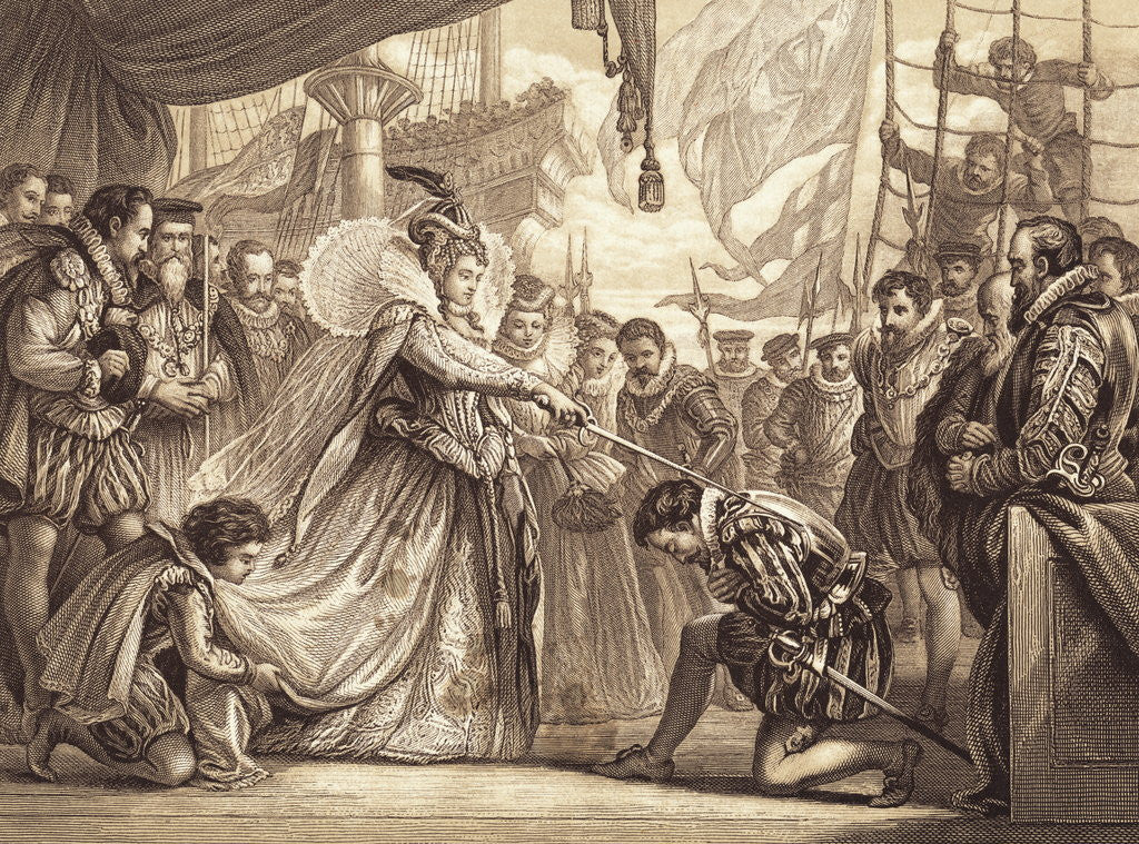 Detail of Illustration of Queen Elizabeth Knighting Sir Francis Drake by Corbis