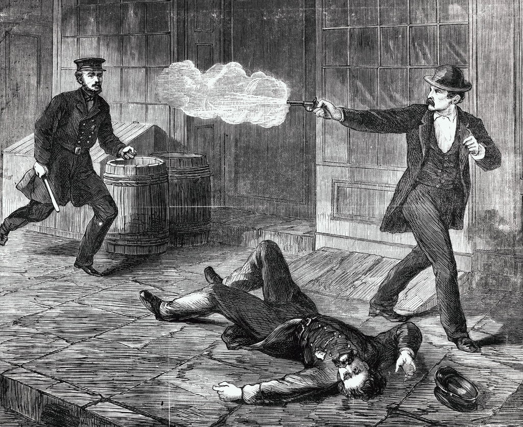 Detail of Illustration of Man Shooting at Police Officer by Corbis