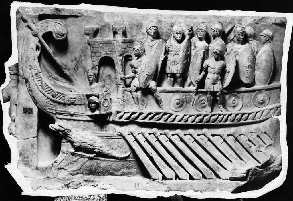 Detail of Roman Relief Sculpture with Soldiers on Boat by Corbis