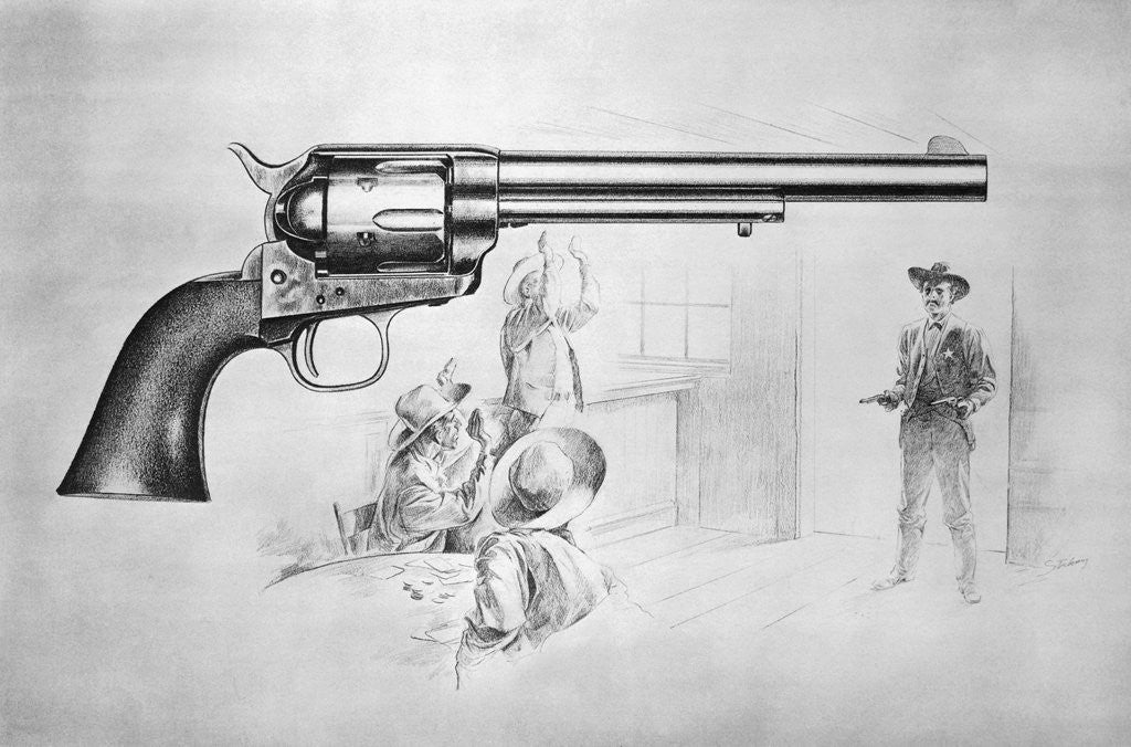 Detail of Depiction of Sheriff Entering Door Behind Superimposed Gun by Corbis