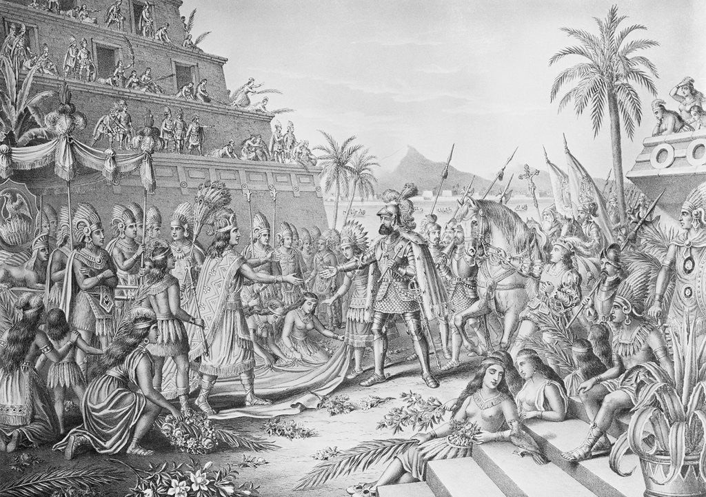 Detail of Entrance of Cortez into Mexico Lithograph by Anonymous