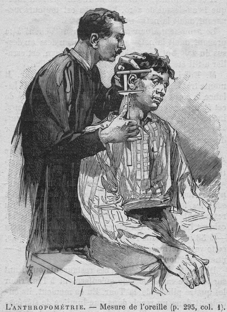 Detail of Engraving of a Man Taking Measurements of a Criminal's Ear by Anonymous