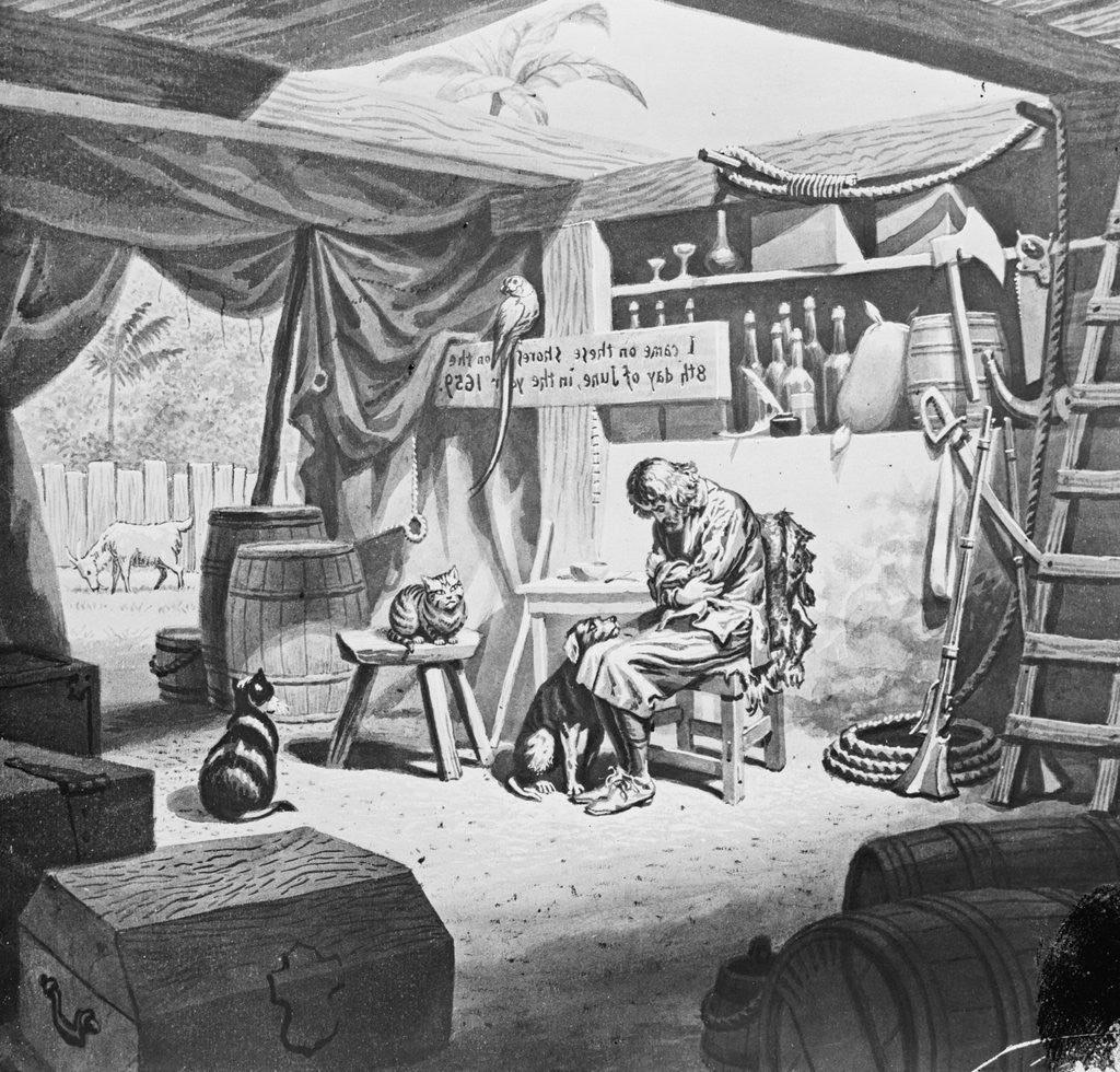 Detail of Depiction of Robinson Crusoe Alone with Animals in Makeshift Dwelling by Anonymous