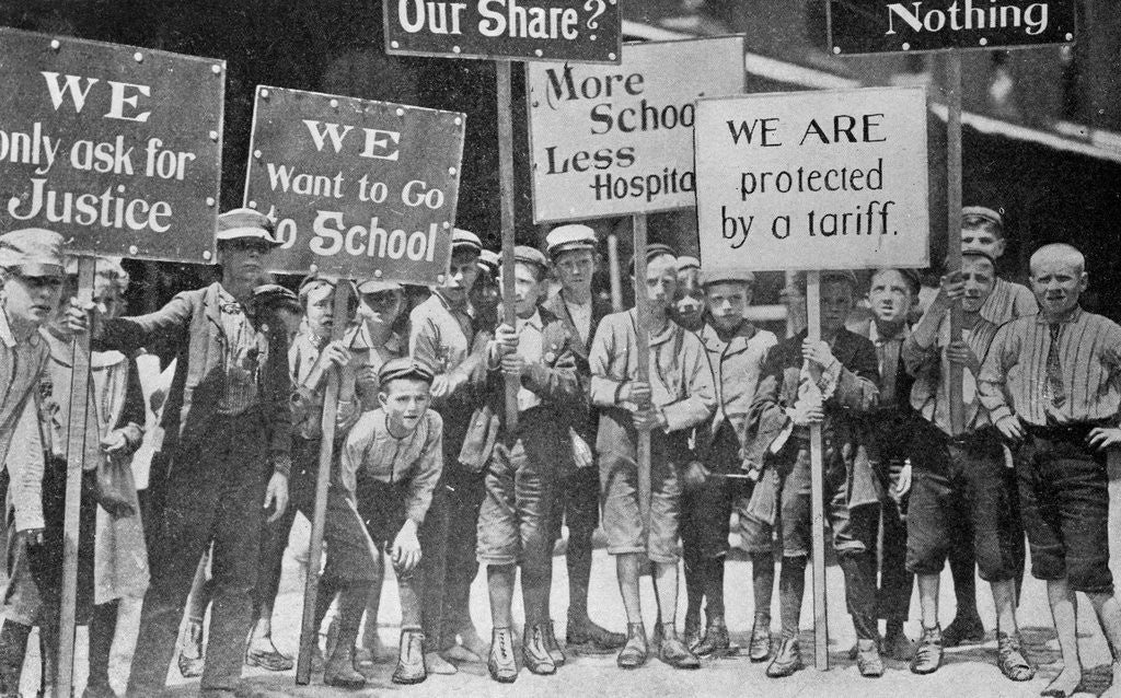 Detail of Child Textile Workers Holding Protest Signs During Strike by Anonymous
