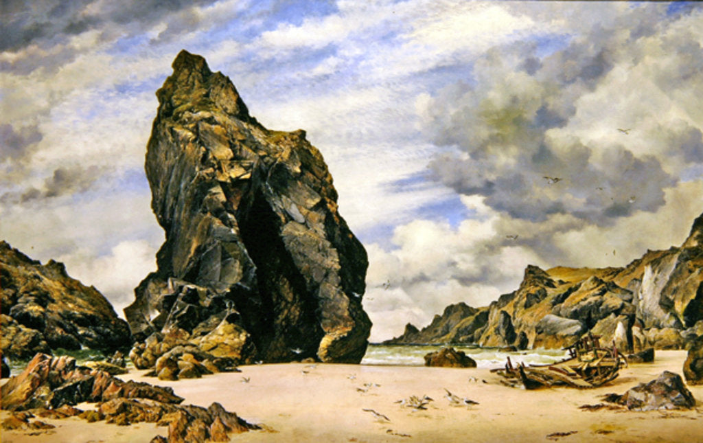 Detail of Steeple Rock, Kynance Cove, Lizard, Cornwall, Low Water, 1873 by Edward William Cooke