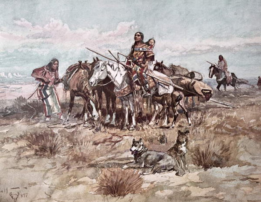 Detail of Native Americans Plains People moving camp, 1897 by Charles Marion Russell