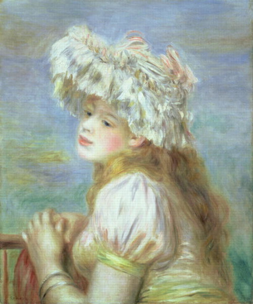 Detail of Portrait of a young woman in a lace hat, 1891 by Pierre Auguste Renoir