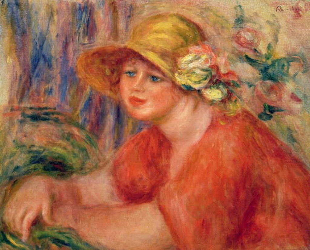 Detail of Portrait of a woman in a hat decorated with flowers by Pierre Auguste Renoir